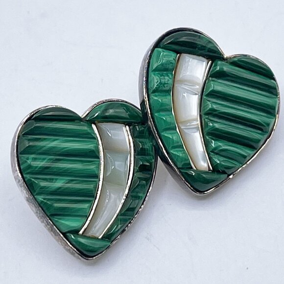 Jay King DTR Mine Finds 925 Sterling Silver Malachite & MOP Heart Post Earrings - Picture 1 of 9